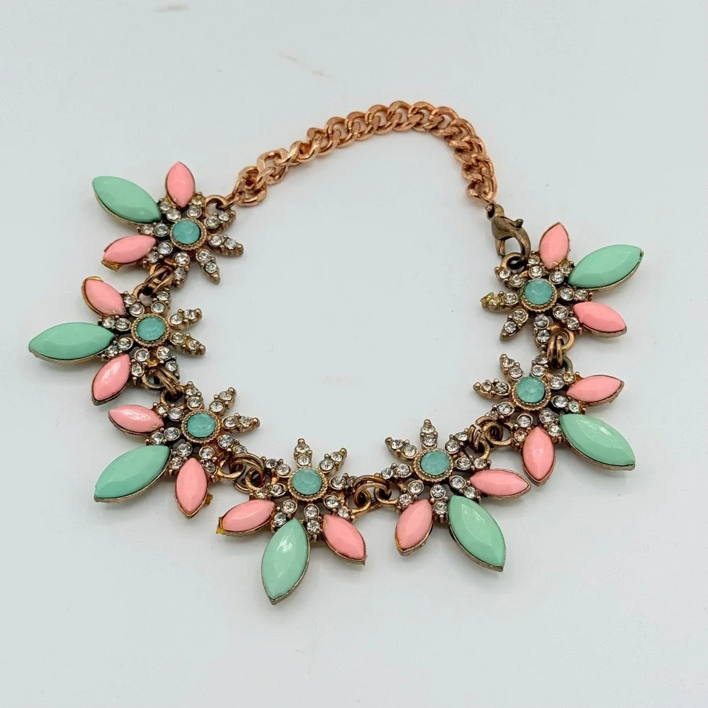 Pastel Rhinestone Floral Statement Bracelet Mint Pink Gold Tone Glam